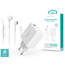 Devia hálózati töltő adapter Type-C bemenettel + Lightning/Bluetooth headset - 20W - Devia Smart Series PD3.0 Quick Charger Suit + Earphone - white
