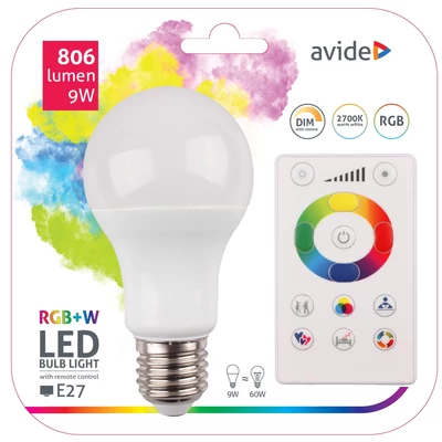 Avide Smart LED gömb (A60) 9W RGB+W (2700K) IR távirányítóval
