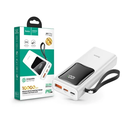 Univerzális hordozható, asztali akkumulátor töltő - HOCO J41 Pro Power Bank - USB+Type-C + Lightning + PD3.0+QC3.0 - 10.000 mAh - fehér