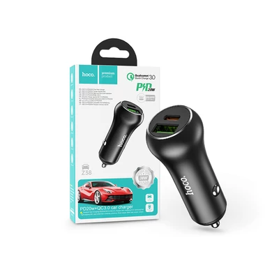 HOCO USB + Type-C szivargyújtós töltő adapter - 5V/3A - HOCO Z38 PD20W + QC3.0 Car Charger - fekete