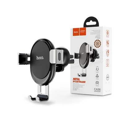 Univerzális szellőzőrácsba illeszthető PDA/GSM autós tartó 3,5-6" méretű készülékekhez - HOCO CA56 Metal In-Car Holder - fekete/ezüst