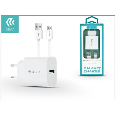 Devia Smart USB hálózati töltő adapter + micro USB kábel 1 m-es vezetékkel - Devia Smart USB Fast Charge for Android - 5V/2,1A - white