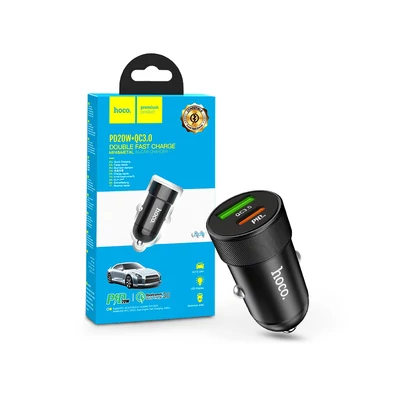 HOCO USB + Type-C szivargyújtós töltő adapter - 5V/4A - HOCO Z32B PD20W + QC3.0 Car Charger - fekete