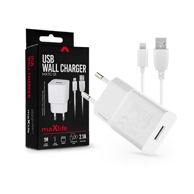 Maxlife USB hálózati töltő adapter + lightning adatkábel 1 m-es vezetékkel - Maxlife MXTC-01 USB Wall Charger - 5V/2,1A - fehér