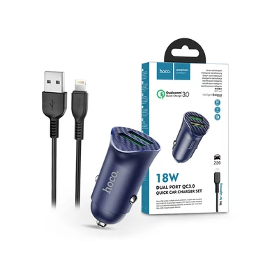 HOCO 2xUSB szivargyújtós töltő adapter + lightning adatkábel - 5V/3.0A - HOCO Z39 QC3.0 - kék