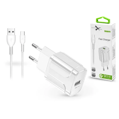 Extreme hálózati töltő adapter + Type-C adat- és töltőkábel - 5V/3A - Extreme LAD0277QC3.0 - fehér