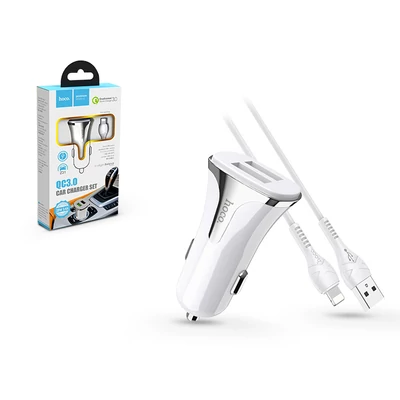 Apple iPhone Lightning szivargyújtós töltő adapter + lightning adatkábel - 5V/3,4A - HOCO Z31 QC3.0 - fehér