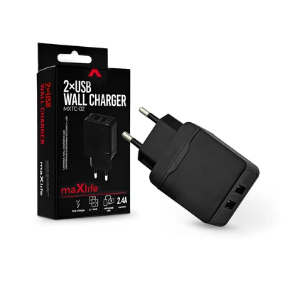 Maxlife 2xUSB hálózati töltő adapter - Maxlife MXTC-02 2xUSB Wall Fast Charger - 5V/2,4A - fekete