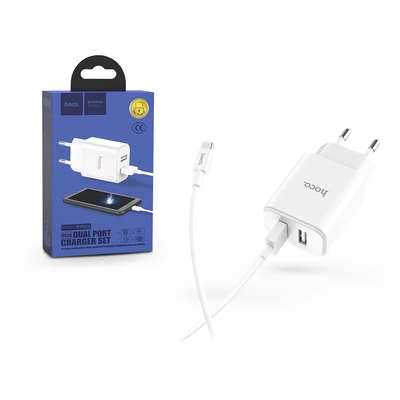 HOCO 2xUSB hálózati töltő adapter + Type-C adatkábel - 5V/2.1A - HOCO C62A Dual Port Charger Set - fehér