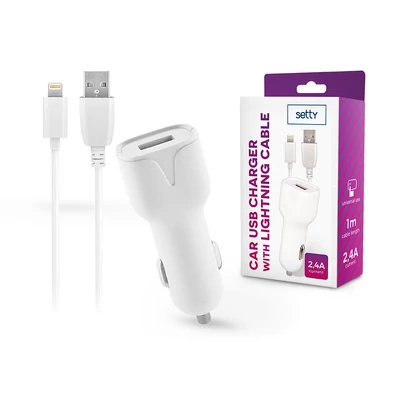 Setty USB szivargyújtó töltő adapter 1 m-es lightning vezetékkel - Setty USB Charger with Lightning Cable - 5V/2,4A - fehér