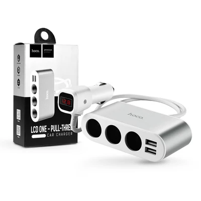 HOCO 3x szivargyújtó töltő elosztó + 2x USB csatlakozó 55 cm-es vezetékkel, LED kijelzővel - 5V/2.1A - HOCO Z13 - fehér/ezüst