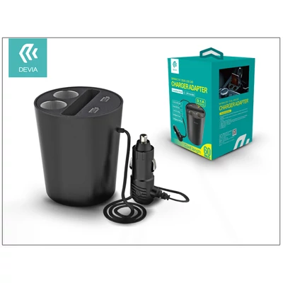 Devia autós pohártartóba illeszthető szivargyújtó töltő adapter - Devia Baymax 2in1 Dual USB - 5V/3,1A - black