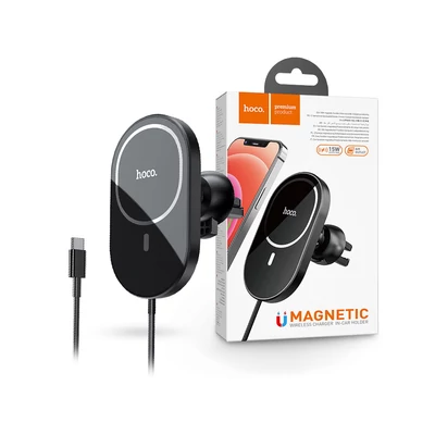 HOCO Qi vezeték nélküli, szellőzőrácsba illeszthető autós tartó/gyorstöltő MagSafe vezeték nélküli funkcióval rendelkező Apple készülékekhez - HOCO CA90 - fekete