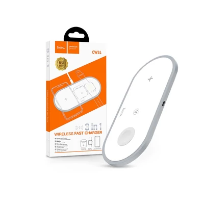 HOCO Qi univerzális vezeték nélküli töltő állomás - 10W - HOCO CW24 Wireless Fast Charger 3in1 - Qi eszköz/Apple iWatch/TWS Airpods - fehér