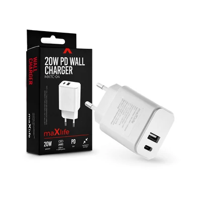 Maxlife hálózati töltő adapter Type-C + USB bemenettel - 20W - Maxlife MXTC-04 Wall Charger PD3.0  - fehér