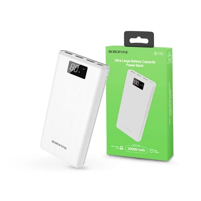 Univerzális hordozható, asztali akkumulátor töltő - Borofone BT2D Power Bank - 3xUSB + microUSB + Type-C - 30.000 mAh - fehér