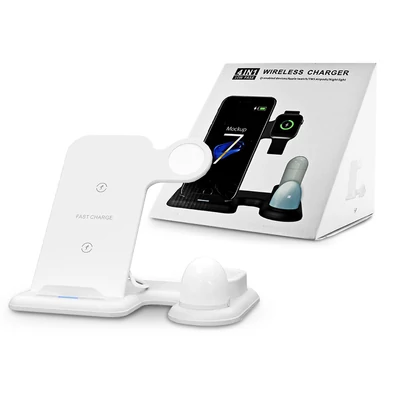 Extreme Qi univerzális vezeték nélküli töltő állomás - 10W - Extreme WR-1 Wireless Charger 4in1 - Qi eszköz/Apple iWatch/TWS Airpods/Éjjelifény - fehér