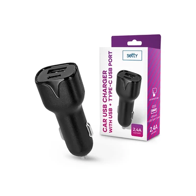 Setty USB + Type-C szivargyújtó töltő adapter - Setty Car USB Charger with USB + Type-C Ports - 5V/2,4A - fekete