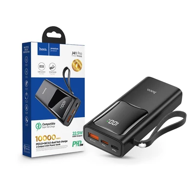 Univerzális hordozható, asztali akkumulátor töltő - HOCO J41 Pro Power Bank - USB+Type-C + Lightning + PD3.0+QC3.0 - 10.000 mAh - fekete