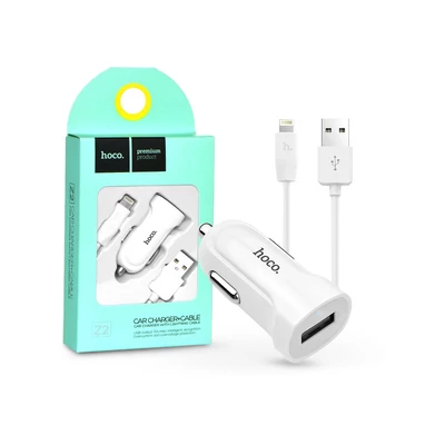 Apple iPhone Lightning szivargyújtós töltő adapter + lightning adatkábel - 5V/1,5A - HOCO Z2 USB Car Charger + Lightning Cable - fehér