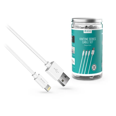 USB - Lightning adat- és töltőkábel 1 m-es vezetékkel - Devia Kintone Series Cable Set - 5V/2A - 30 db/csomag - white