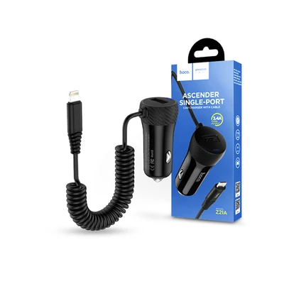 Apple iPhone Lightning + USB szivargyújtós töltő - 5V/2,4A - HOCO Z21A Car Charger with Cable - fekete