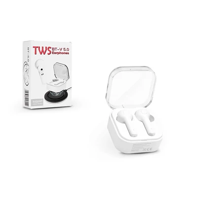 TWS sztereó Bluetooth headset v5.0 + töltő dokkoló - TWS EP002 Earphone + Wireless Charging - white