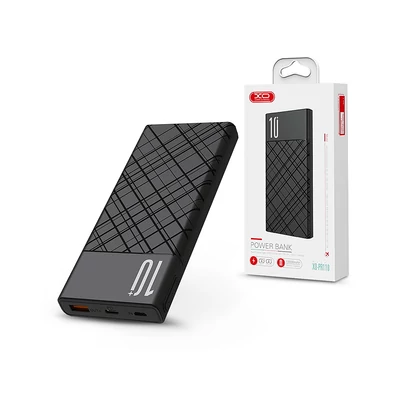 Univerzális hordozható, asztali akkumulátor töltő - XO PR110 Power Bank - USB + Type-C + microUSB + PD + QC3.0 - 10.000 mAh - fekete