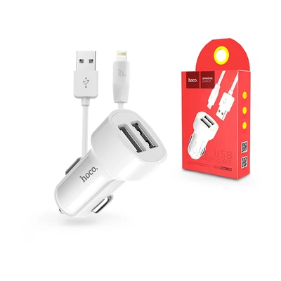 Apple iPhone Lightning szivargyújtós töltő adapter + lightning adatkábel - 5V/2,4A - HOCO Z2A Dual USB Car Charger + Cable - fehér