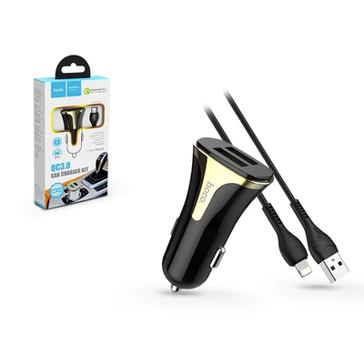 Apple iPhone Lightning szivargyújtós töltő adapter + lightning adatkábel - 5V/3,4A - HOCO Z31 QC3.0 - fekete