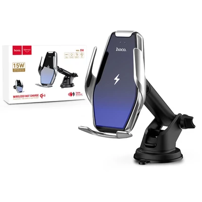 HOCO vezeték nélküli autós tartó/gyorstöltő - 15 W - HOCO S14 Automatic Induction Wireless Fast Charging Holder - Qi szabványos - ezüst