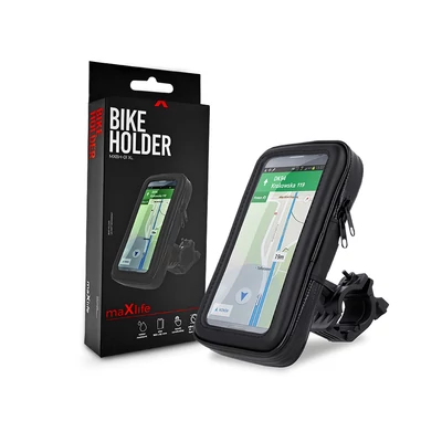 Univerzális kerékpárra szerelhető, por- és cseppálló telefontartó max. 6,5" méretű készülékekhez - Maxlife MXBH-01XL Bike Holder - fekete