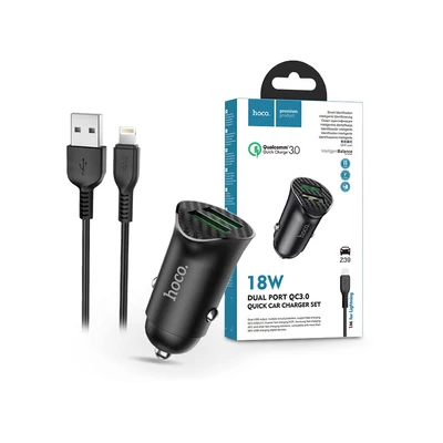 HOCO 2xUSB szivargyújtós töltő adapter + lightning adatkábel - 5V/3.0A - HOCO Z39 QC3.0 - fekete