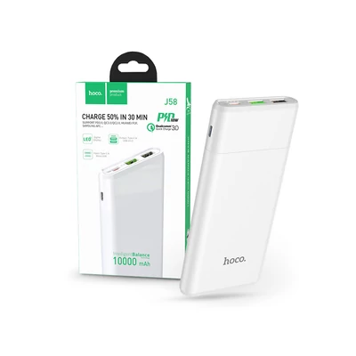 Univerzális hordozható, asztali akkumulátor töltő - HOCO J58 Power Bank - 2xUSB + Type-C + micro USB + PD3.0 + QC3.0 - 10.000 mAh - fehér