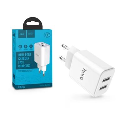 HOCO 2xUSB hálózati töltő adapter - 5V/2.1A - HOCO C62A Dual Port Charger - fehér