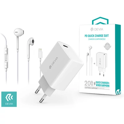 Devia hálózati töltő adapter Type-C bemenettel + Lightning/Bluetooth headset - 20W - Devia Smart Series PD3.0 Quick Charger Suit + Earphone - white