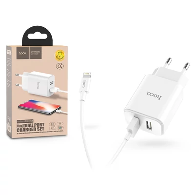 HOCO 2xUSB hálózati töltő adapter + lightning kábel - 5V/2.1A - HOCO C62A Dual Port Charger Set - fehér