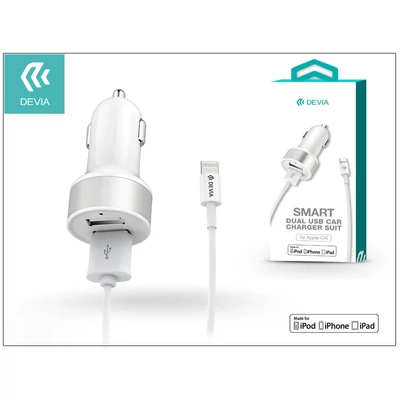 Apple iPhone 5/5S/5C/SE/iPad 4/iPad Mini szivargyújtós töltő adapter + lightning adatkábel (MFI engedélyes) - 5V/2,4A - Devia Smart Dual USB - white