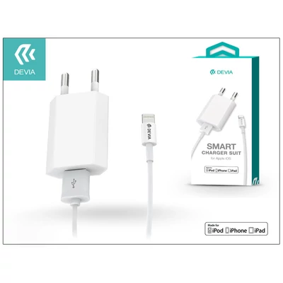 Apple iPhone 5/5S/5C/SE/6S/6S Plus USB hálózati töltő adapter + lightning adatkábel (MFI engedélyes) - 5V/1A - Devia Smart Charger Suit - white
