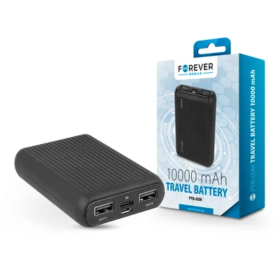 Univerzális hordozható, asztali akkumulátor töltő - Forever PTB-05M Power Bank - 2xUSB+Type-C+MicroUSB - 10.000 mAh - fekete