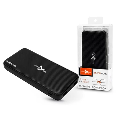 Univerzális hordozható, asztali akkumulátor töltő - Extreme EPB-24PD Power Bank - 2xUSB + Type-C + microUSB + PD + QC3.0 - 24.000 mAh - fekete