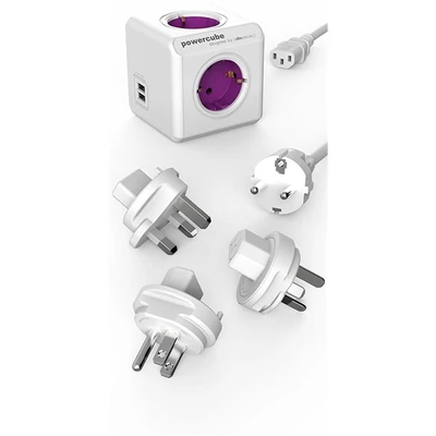 Allocacoc PowerCube ReWirable 4-es lila/fehér USB-s hálózati elosztó 3 cserélhető dugóval + tápkábel