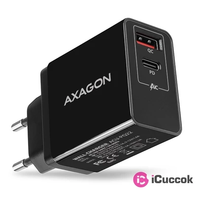 Axagon ACU-PQ22 QC3.0 + USB-C fekete fali töltő