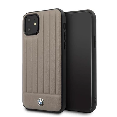 BMW iPhone 11 csíkos barna kemény bőrtok