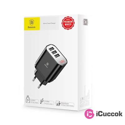Baseus Mirror Lake 3xUSB 3.4A digitális kijelzős fekete hálózati töltő
