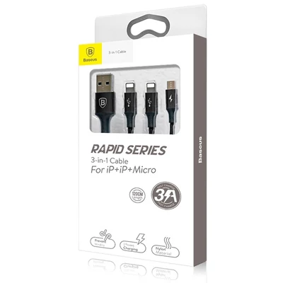 Baseus Rapid Series 3-in-1 fekete 1,2m USB kábel (Lightning+Lightning+Micro)