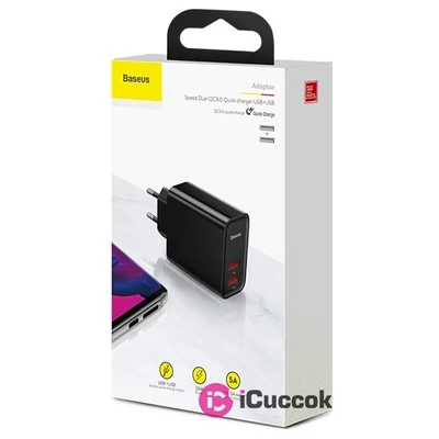 Baseus Speed Dual USB QC3.0 30W fekete hálózati gyorstöltőfej