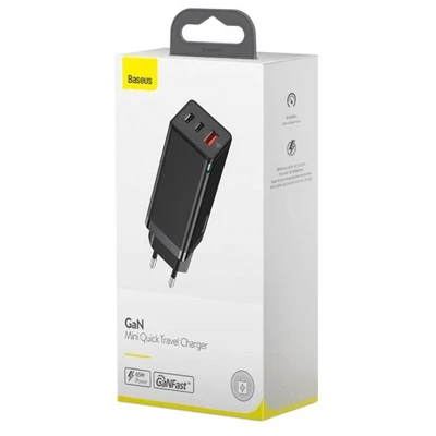 Baseus USB-C+C+A PD3.0/PPS/QC4 65W fekete hálózati gyorstöltőfej