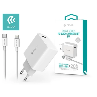 Devia ST346293 20W 3.0 QC USB Type-C fehér hálózati gyorstöltő adapter + Type-C/Lightning adatkábel