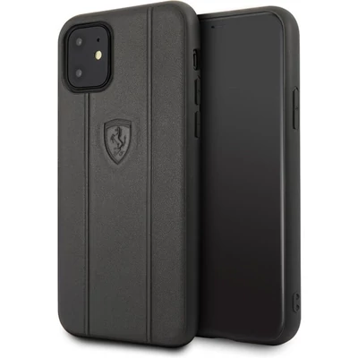 FERRARI Off Track iPhone 11 dombornyomott csíkos fekete bőrtok